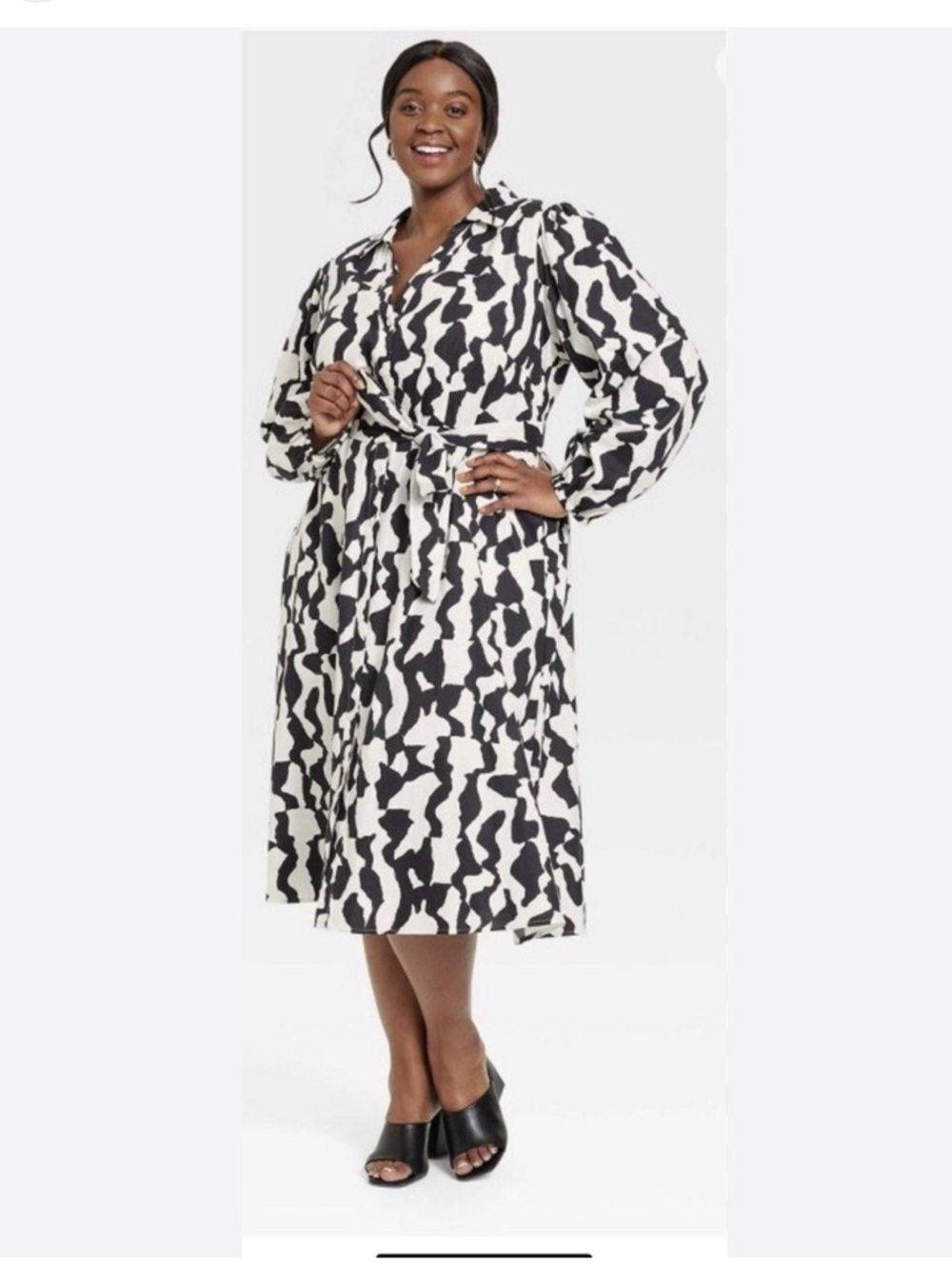 Ava & Viv Black and White Abstract Tie-Waist Long Sleeve Midi Dress
